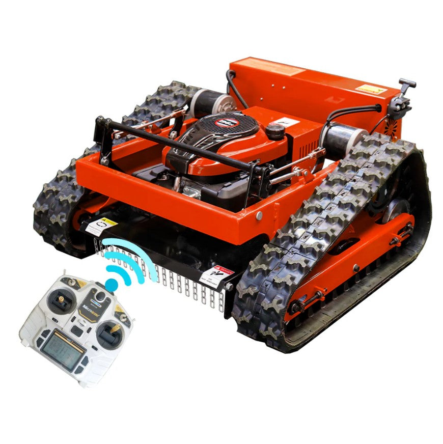 Orange remote-controlled tracked vehicle with a small remote control on a white background