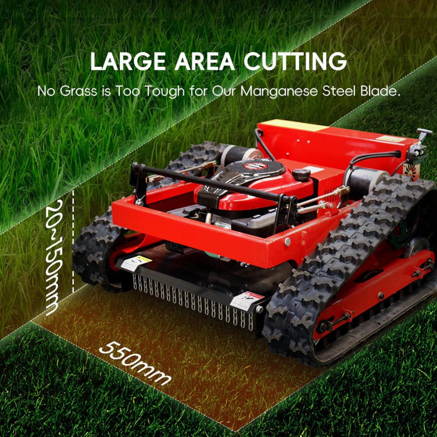 Red lawn mower with text about large area cutting and manganese steel blade on a grass background
