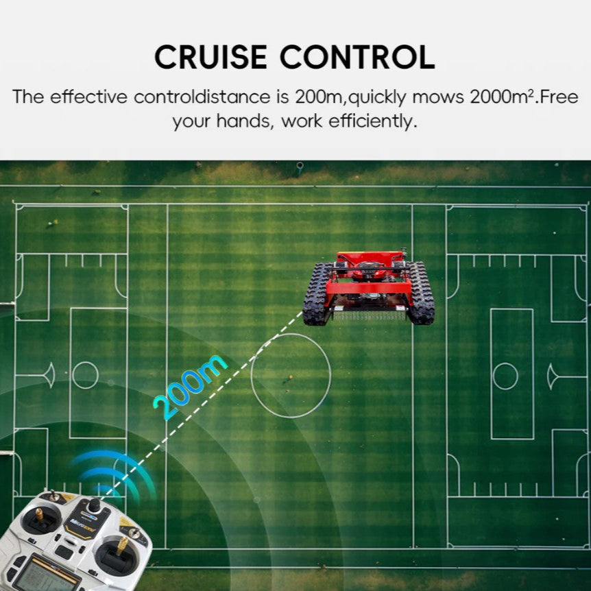 Robot lawn mower on a soccer field with controller, demonstrating cruise control feature.