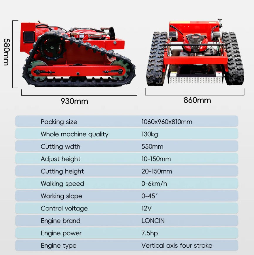Red tracked machine with dimensions and specifications listed below on a white background